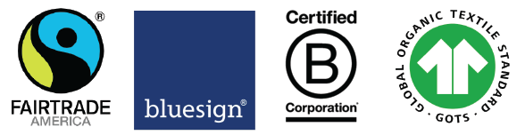 Four logos side by side are shown: Fairtrade, Bluesign, Certified B corp, and GOTS.