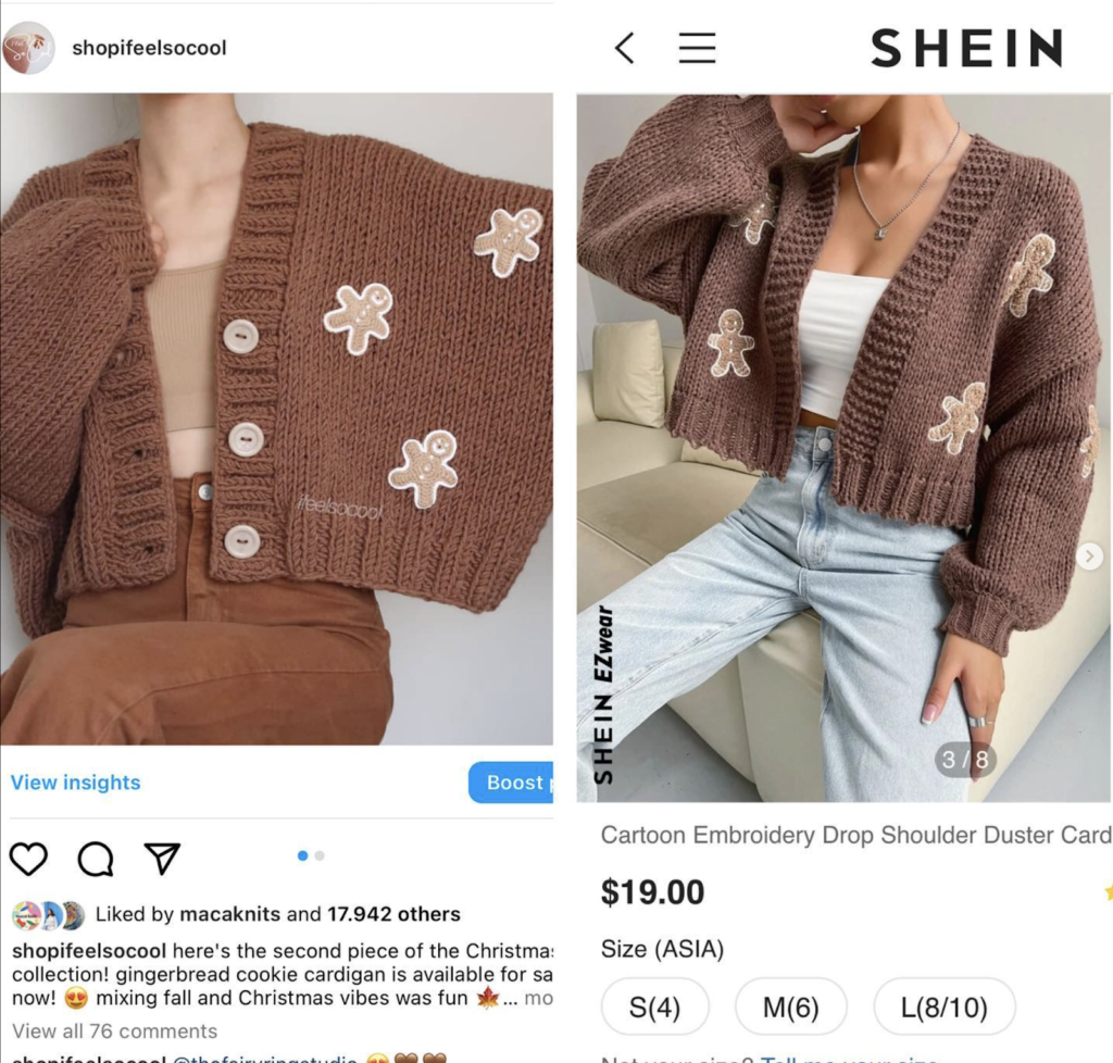 A side-by-side comparison of two sweaters. One is the original design by a small scale designer, the other a copy by Shein.