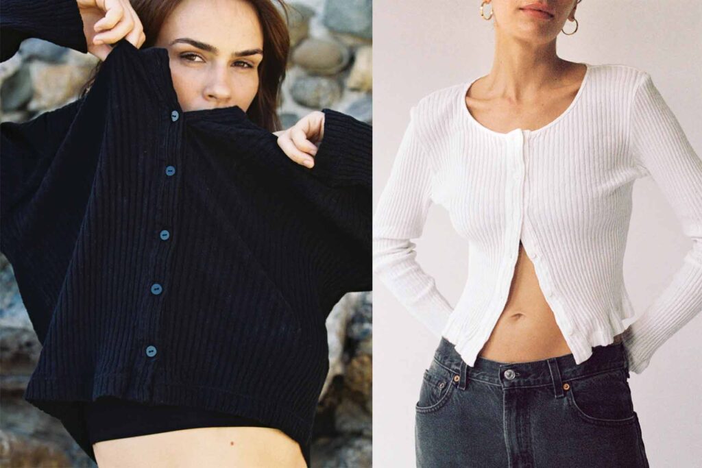 Two images are side by side. On the left, a model wears a black cardigan, which is pulled half over her face. On the right, a model wears a white cardigan. The image shows her torso, with her hands on her hips.