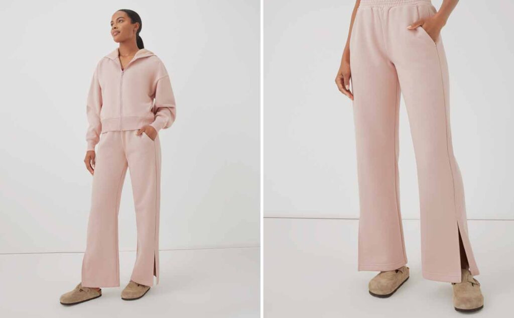 Model wears PACT organic clothing, featuring a blush pink sweatsuit, with matching top and bottoms. The image shows a close up of the pant on the right and a full-body image on the left.