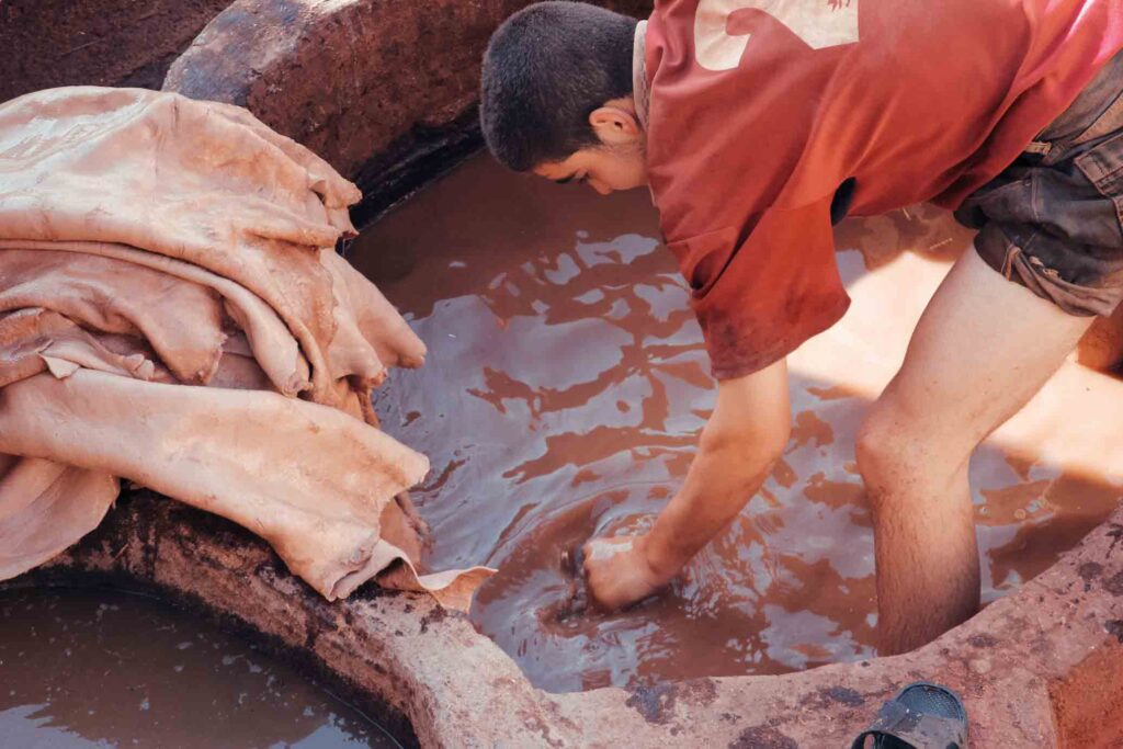 A boy stands in a bucket of brown water, tanning animal hides.