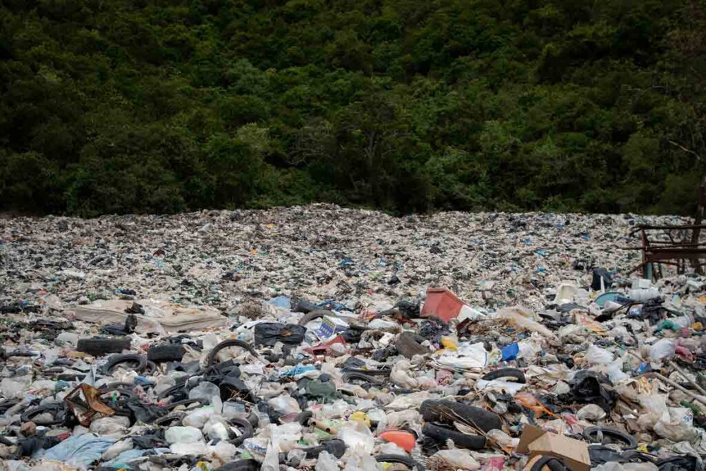A landfill filled with plastic waste in front of a forest