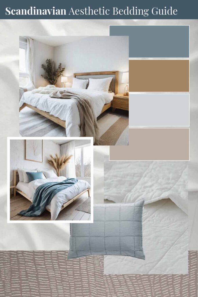 Scandinavian aesthetic bedding guide and minimalist aesthetic bedding guide mood board with light, natural colors and materials.