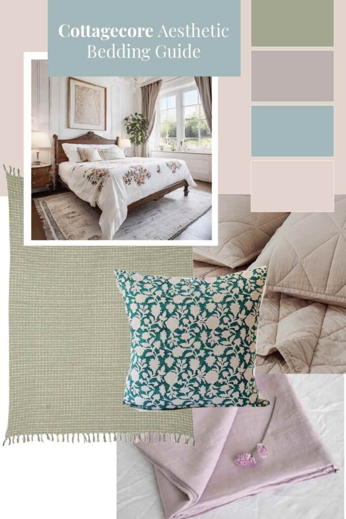 A cottagecore aesthetic mood board image  with pastel colors and textures