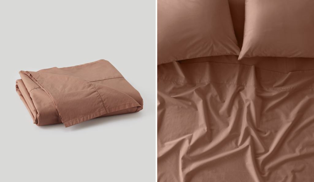 A copper colored sheet set in percale fabric from pact